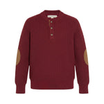 Red sweater with brown elbow patches on a white background