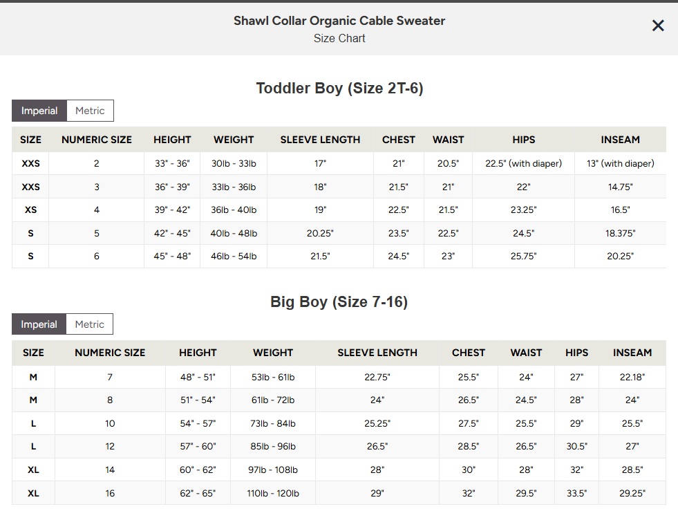 A size chart table for Shawl Collar Organic Cable Sweaters, showing measurements for Toddler Boy (Size 2T-6) and Big Boy (Size 7-16) in Imperial and Metric columns.