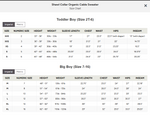 A size chart table for Shawl Collar Organic Cable Sweaters, showing measurements for Toddler Boy (Size 2T-6) and Big Boy (Size 7-16) in Imperial and Metric columns.