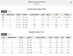 A size chart table for an Organic Creweck Sweater, showing measurements for Toddler Boy (size 2T-6) and Big Boy (size 7-16) in Imperial and Metric columns.