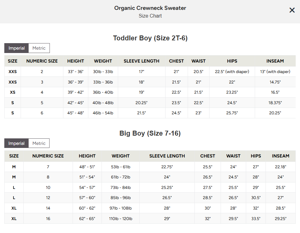 A size chart table for an Organic Creweck Sweater, showing measurements for Toddler Boy (size 2T-6) and Big Boy (size 7-16) in Imperial and Metric columns.
