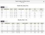 A size chart table for tipped cardigans with elbow patches, showing measurements for Toddler Boy (Size 2T-6) and Big Boy (Size 7-16) sizes with Imperial and Metric columns.