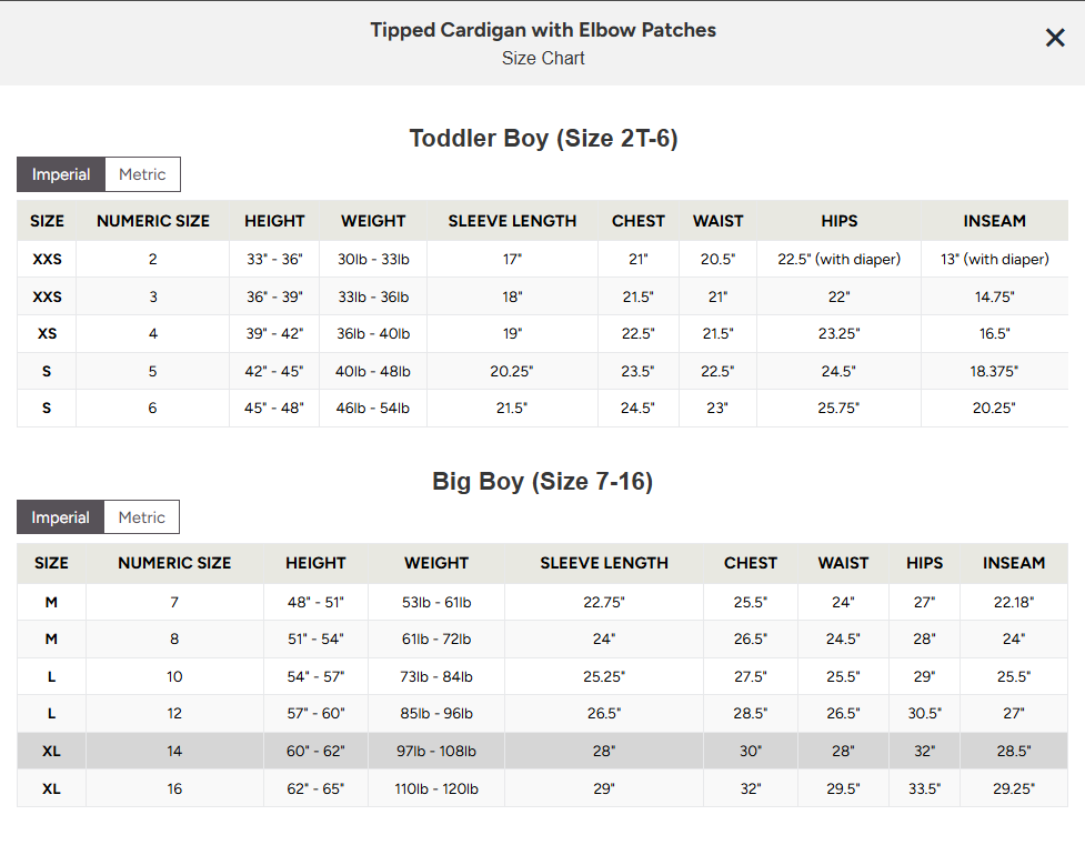 A size chart table for tipped cardigans with elbow patches, showing measurements for Toddler Boy (Size 2T-6) and Big Boy (Size 7-16) sizes with Imperial and Metric columns.