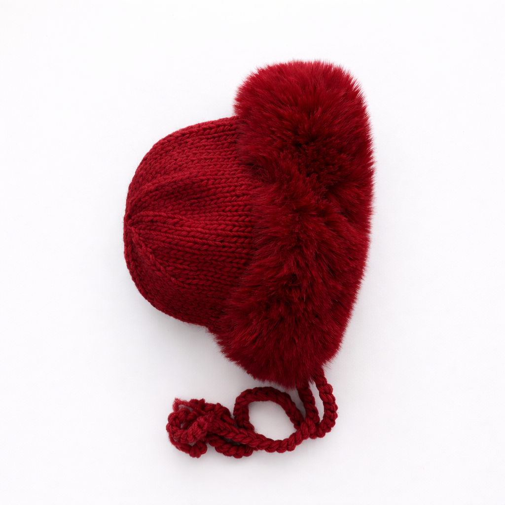 Huggalugs Cuddle Bonnet in Crimson, hand-knit baby Christmas bonnet with soft faux fur trim