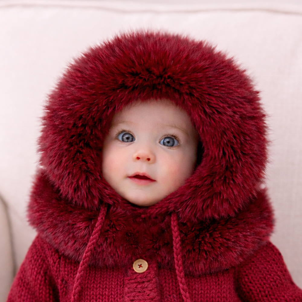 Huggalugs Cuddle Bonnet in Crimson, hand-knit baby Christmas bonnet with soft faux fur trim - view 2