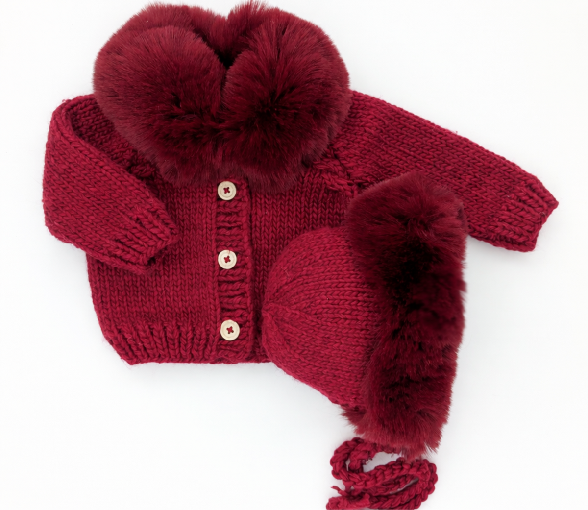 Huggalugs Cuddle Bonnet in Crimson, hand-knit baby Christmas bonnet with soft faux fur trim - view 3