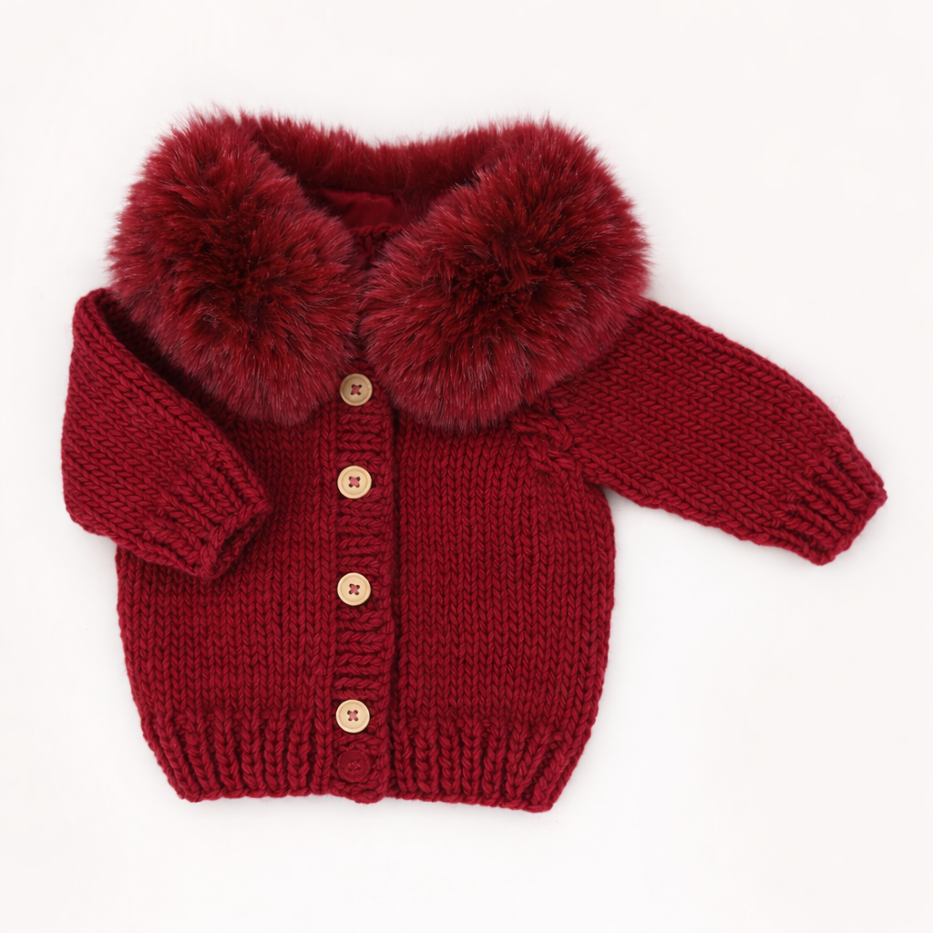 Huggalugs Fur Collar Crimson Cardigan Sweater, hand-knit baby and toddler Christmas cardigan with faux fur collar