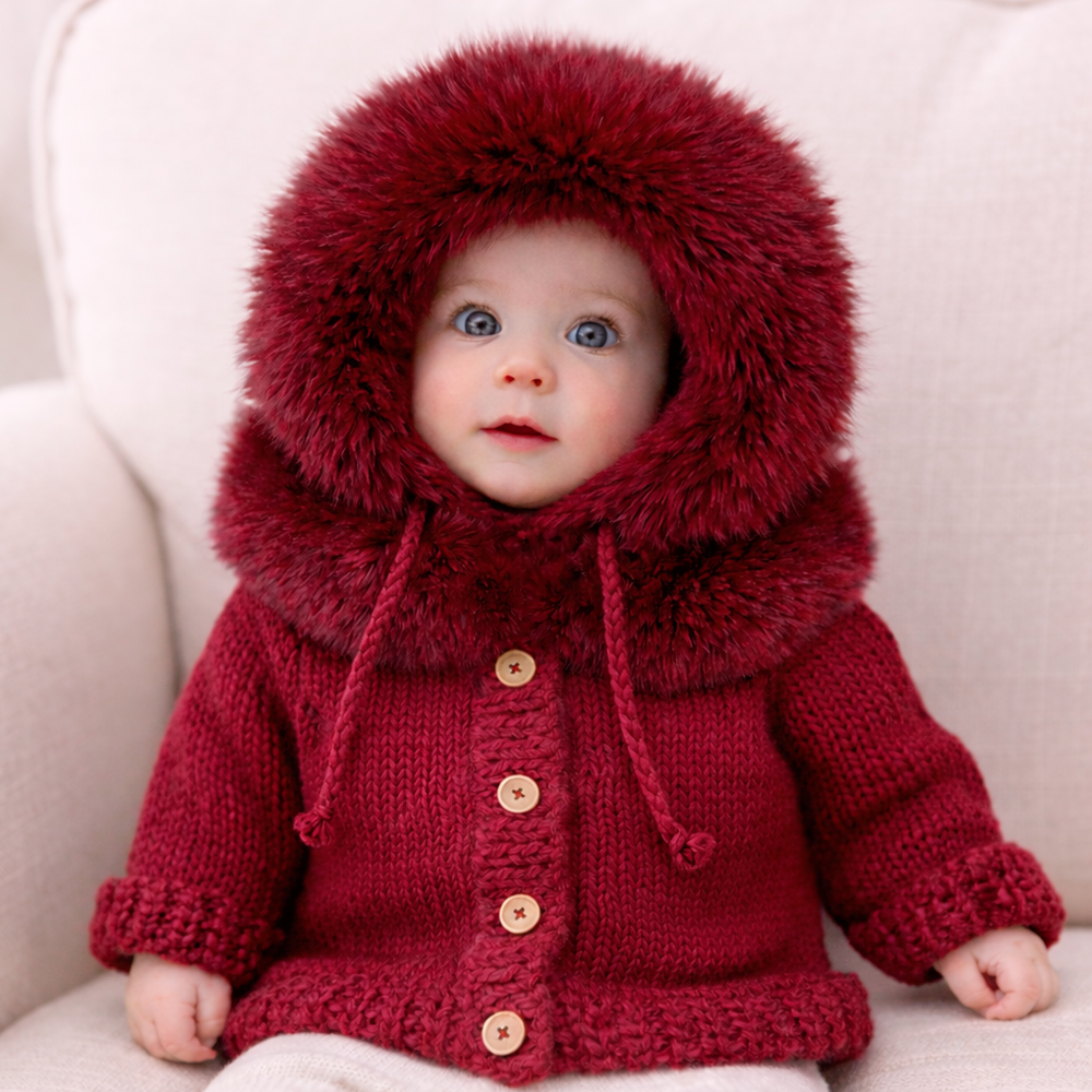 Huggalugs Fur Collar Crimson Cardigan Sweater, hand-knit baby and toddler Christmas cardigan with faux fur collar - view 3