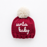 Huggalugs Santa Baby Crimson Beanie Hat, hand-knit baby Christmas hat with natural pom-pom
