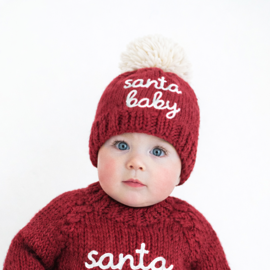 Huggalugs Santa Baby Crimson Beanie Hat, hand-knit baby Christmas hat with natural pom-pom - view 2