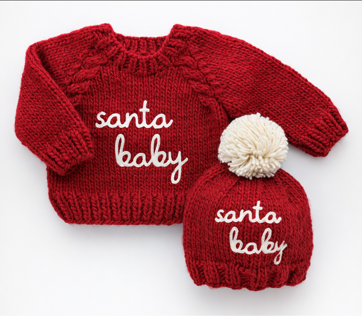 Huggalugs Santa Baby Crimson Beanie Hat, hand-knit baby Christmas hat with natural pom-pom - view 3