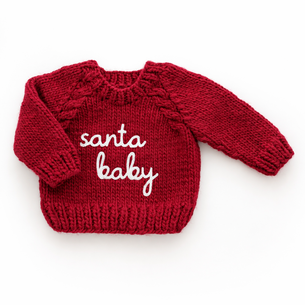 Huggalugs Santa Baby Sweater in Crimson, hand-knit baby Christmas sweater with Santa Baby stitched in natural yarn