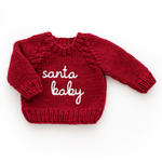 Huggalugs Santa Baby Sweater in Crimson, hand-knit baby Christmas sweater with Santa Baby stitched in natural yarn