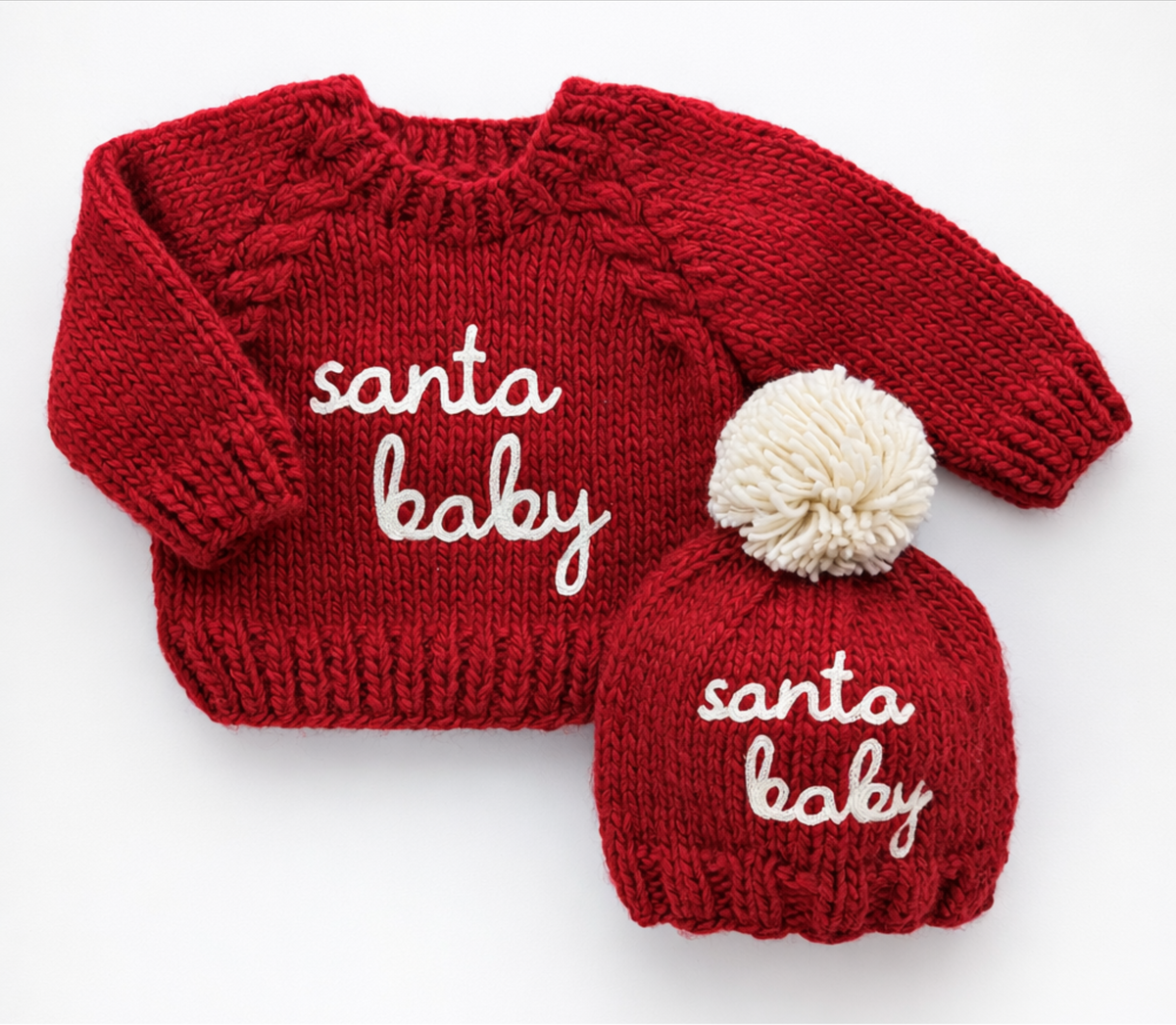 Huggalugs Santa Baby Sweater in Crimson, hand-knit baby Christmas sweater with Santa Baby stitched in natural yarn - view 3