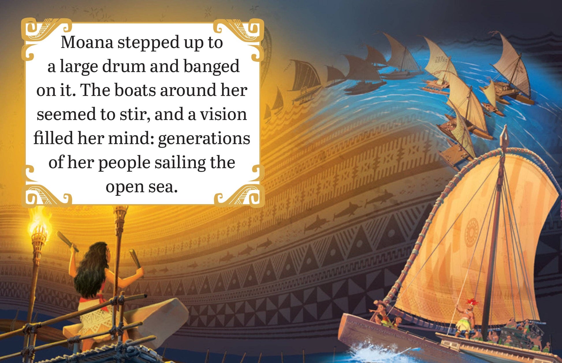 Tiny book Illustration of a scene with ships and a large drum, inspired by Moana's journey.