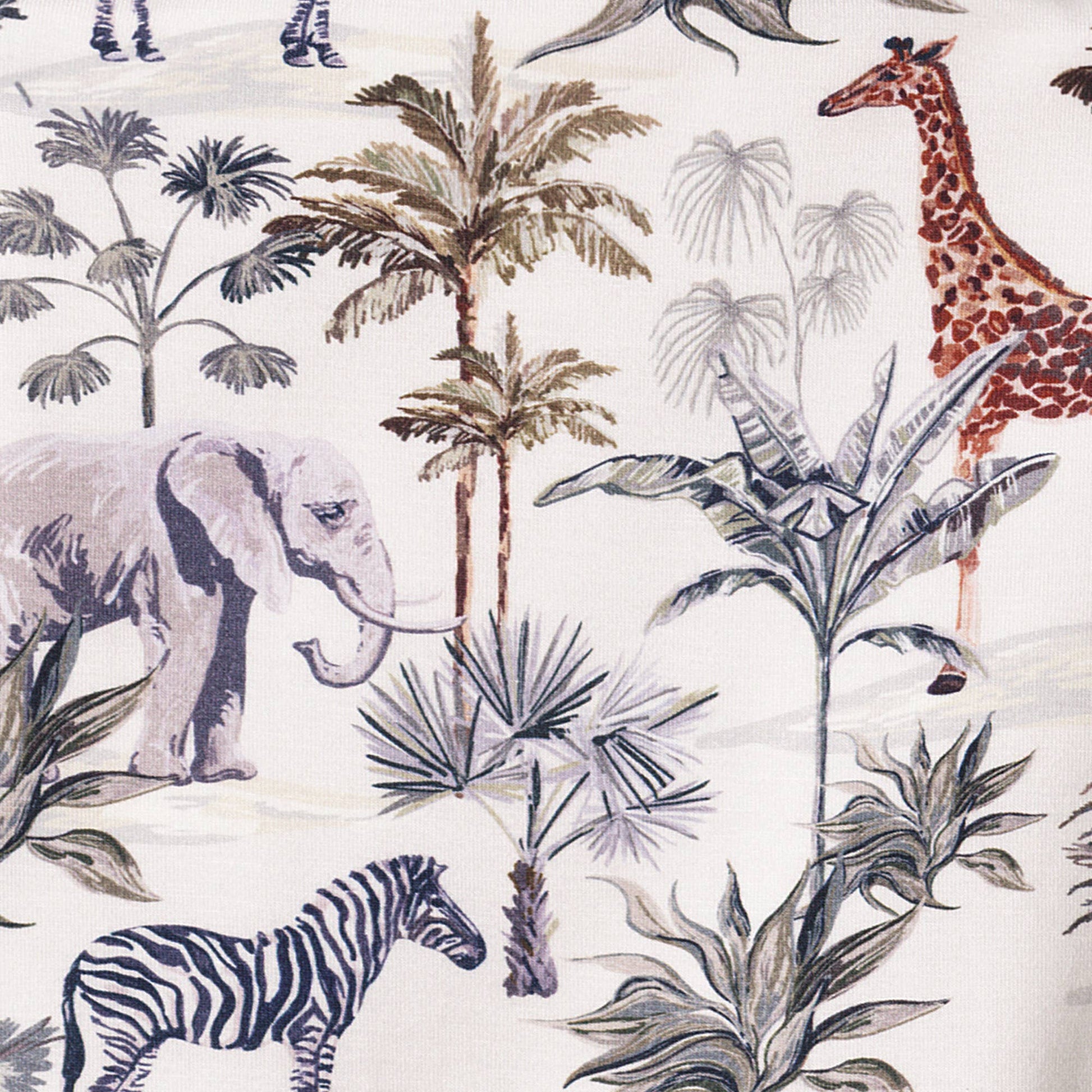 Pattern of elephants, zebras, giraffes, and palm trees on a white background