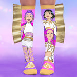 K-pop Golden Socks with character design on a purple background