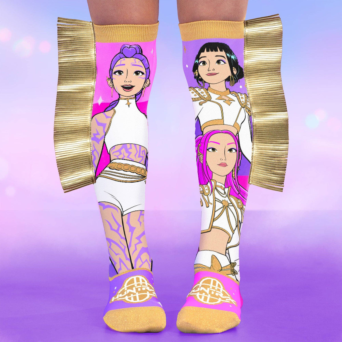 K-pop Golden Socks with character design on a purple background