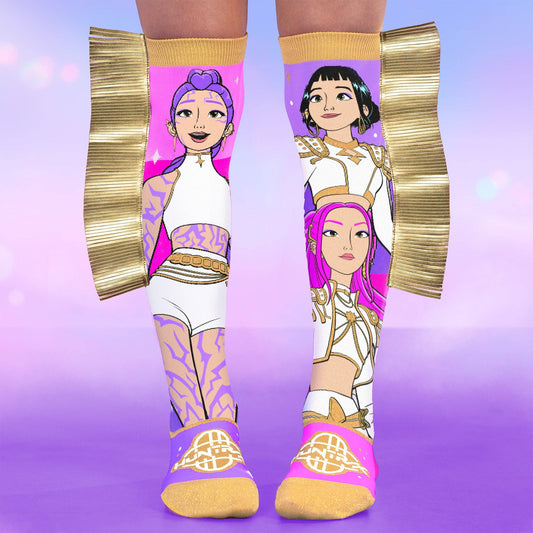 K-pop Golden Socks with character design on a purple background