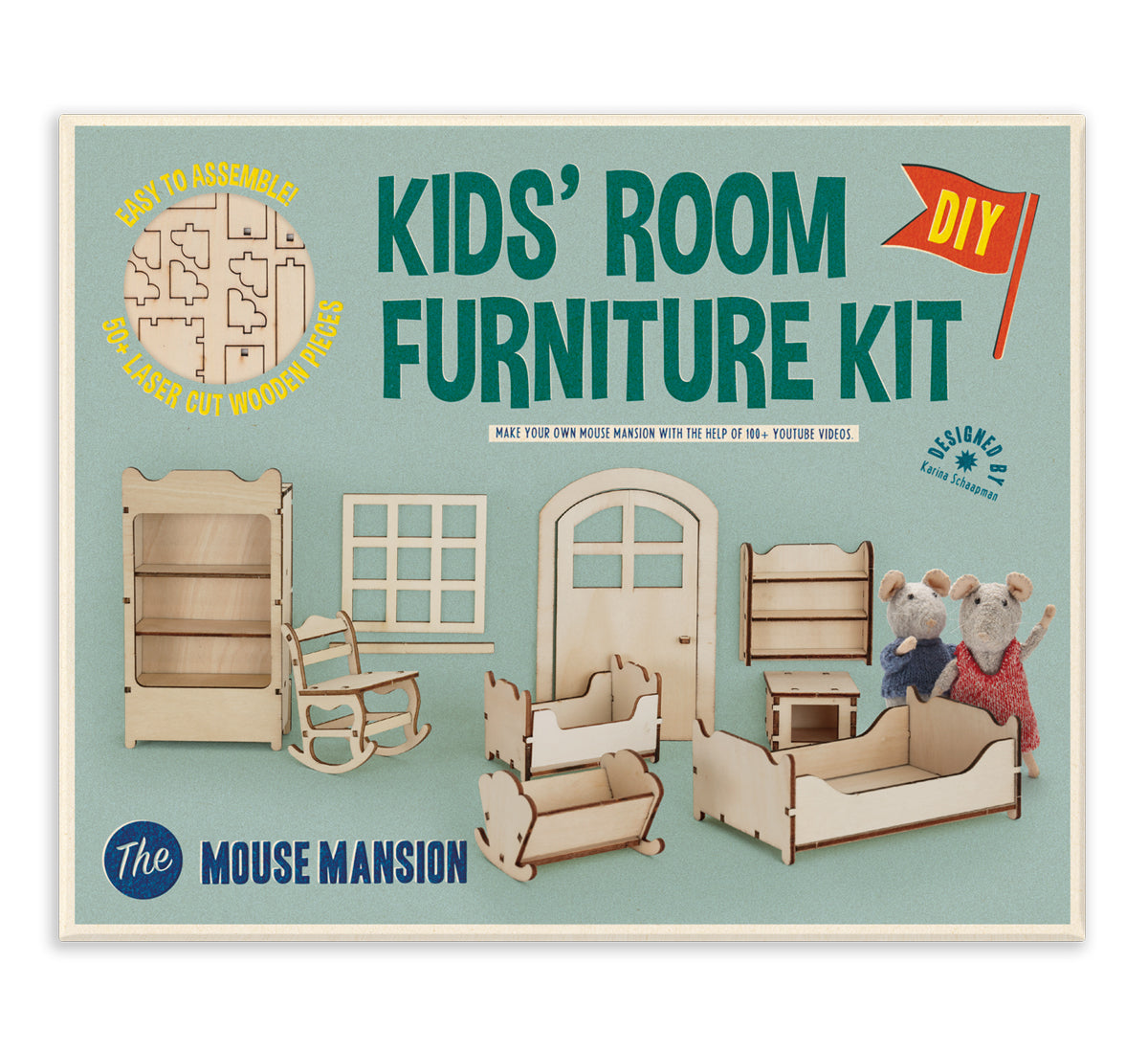 Miniature kids' room furniture kit with wooden furniture pieces and cartoon mice on a light blue background.