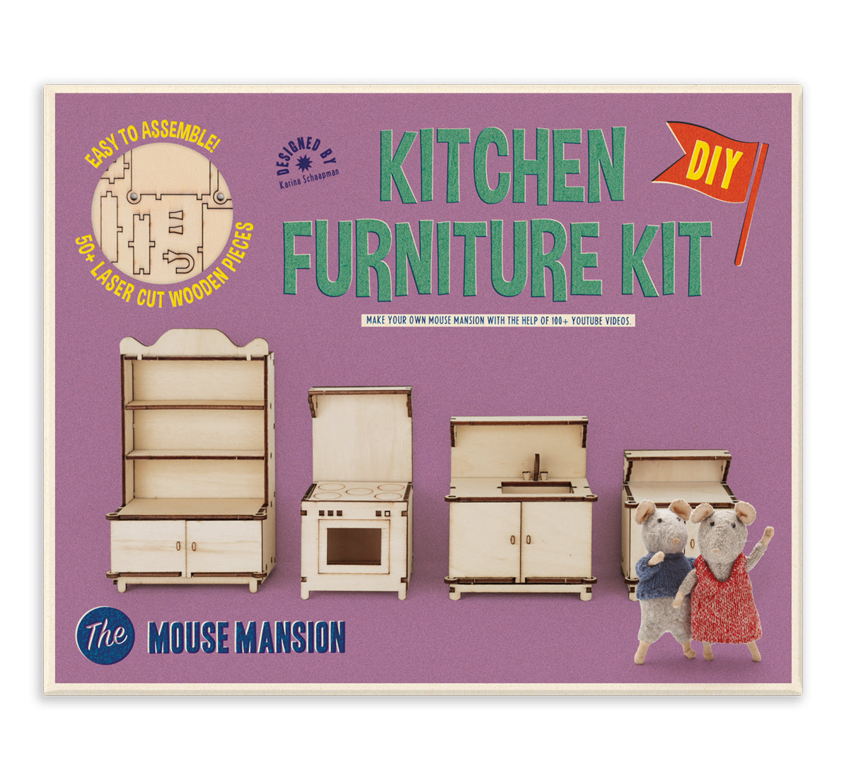 Kitchen furniture kit packaging with wooden pieces and mice characters on a purple background