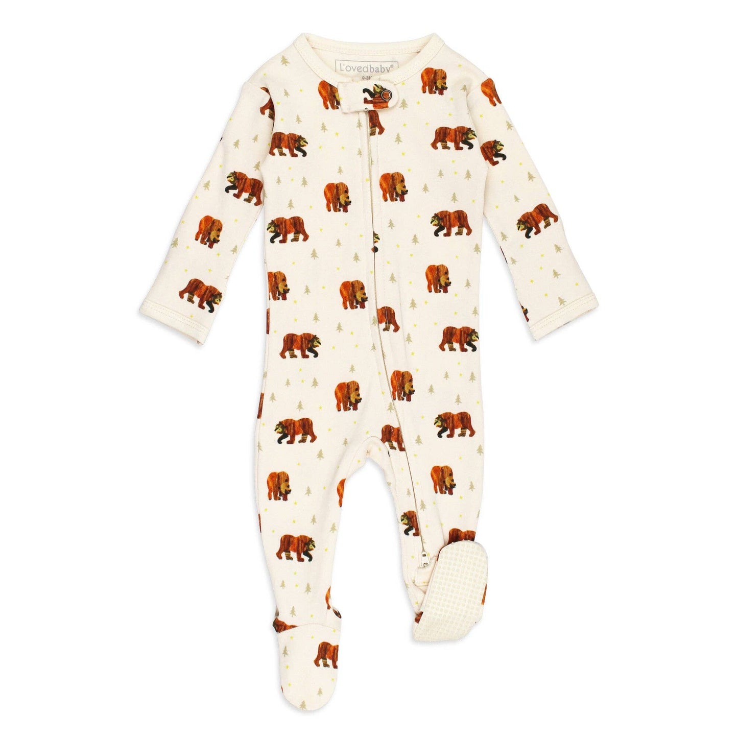 Baby onesie with brown bear pattern on a white background