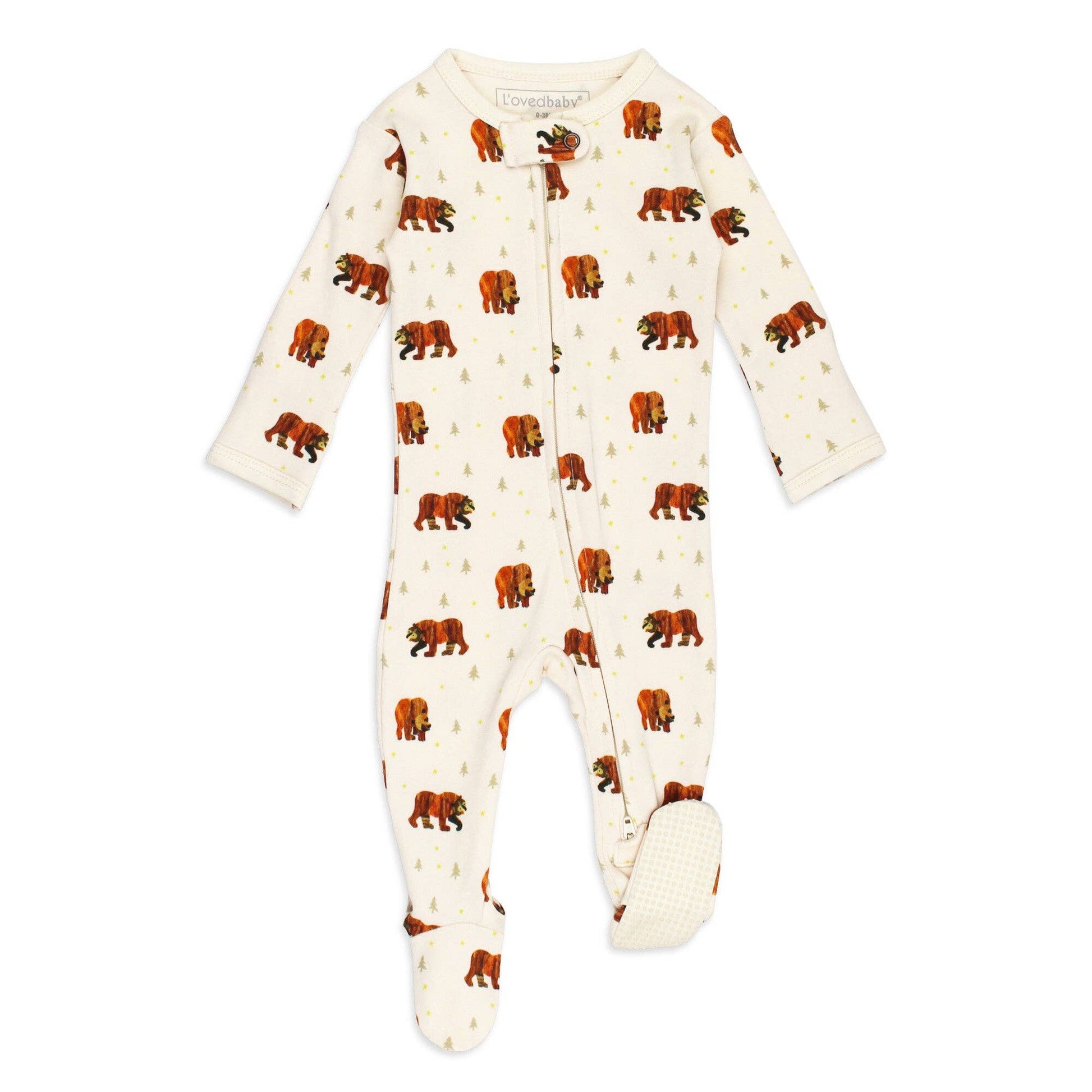 Baby onesie with brown bear pattern on a white background