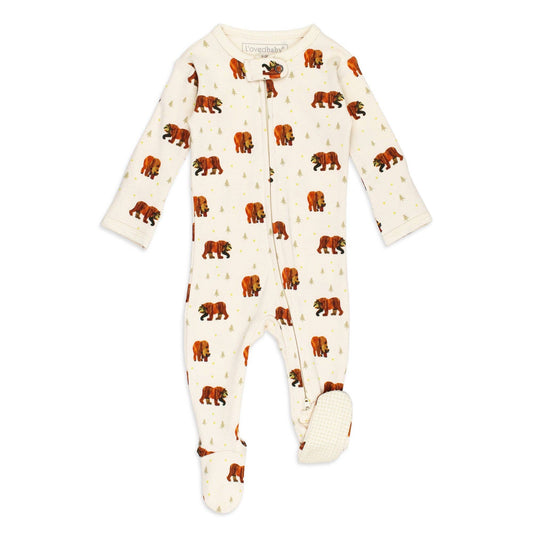 Baby onesie with brown bear pattern on a white background