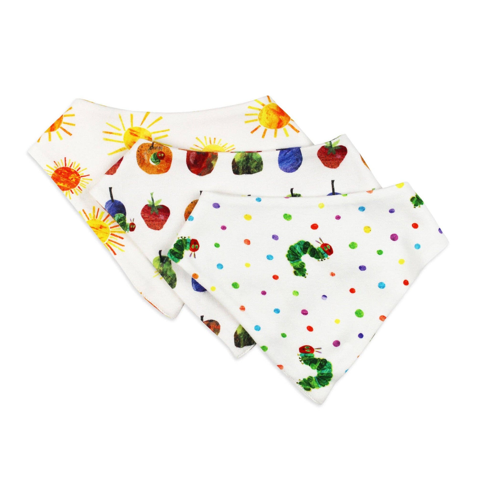 Three bandana bibs with colorful patterns on a white background