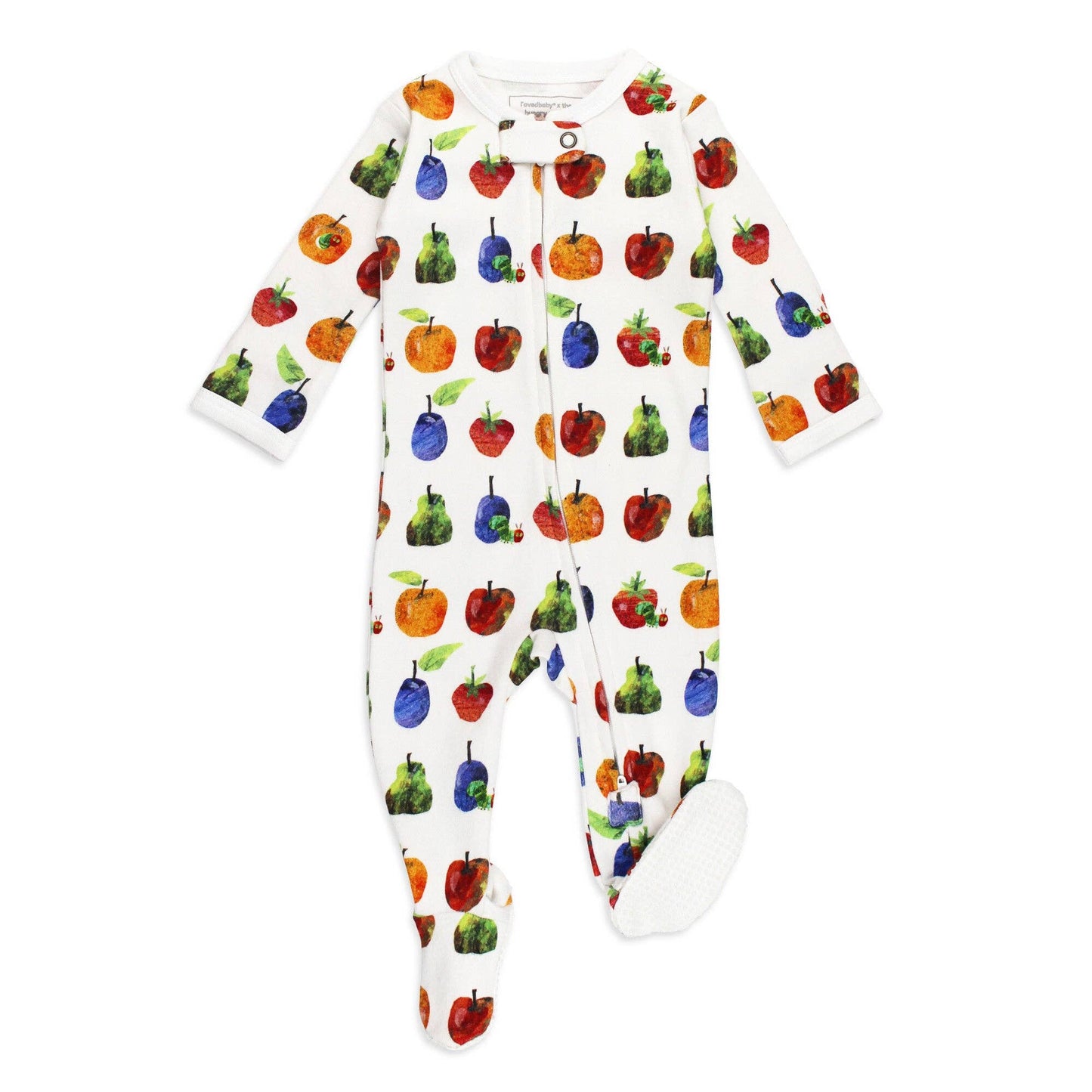 Baby onesie with colorful fruit pattern on a white background