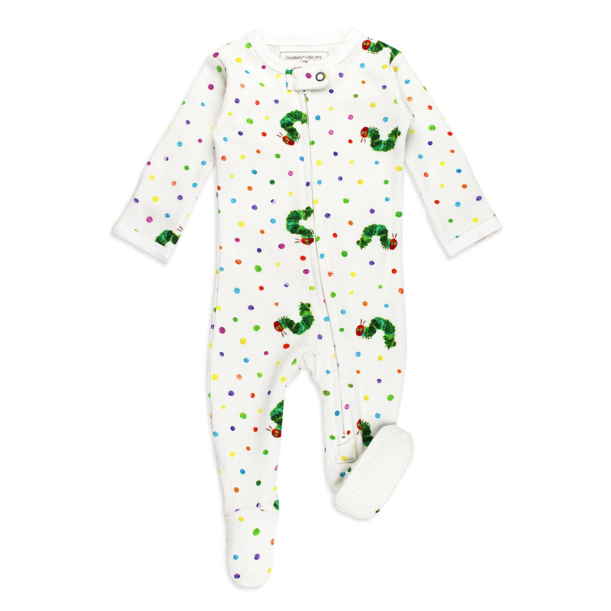 Baby onesie with colorful polka dots and caterpillar designs on a white background