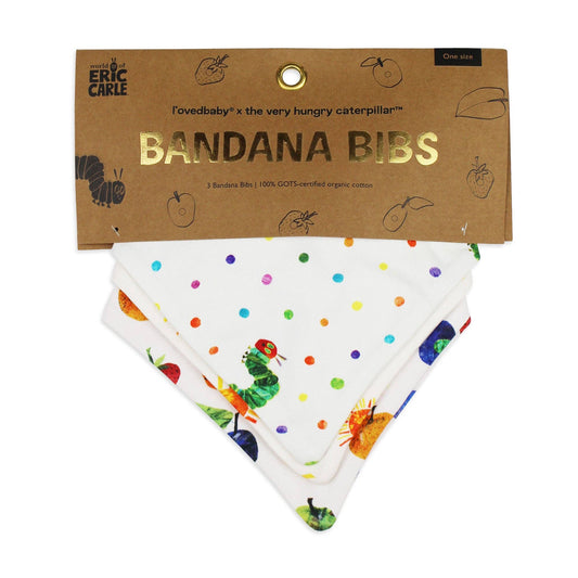 Bandana bibs with colorful patterns on a cardboard packaging labeled 'The Very Hungry Caterpillar' by Eric Carle.