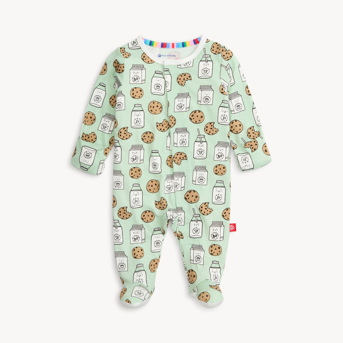 Children's onesie with cookie and milk pattern on a light green background