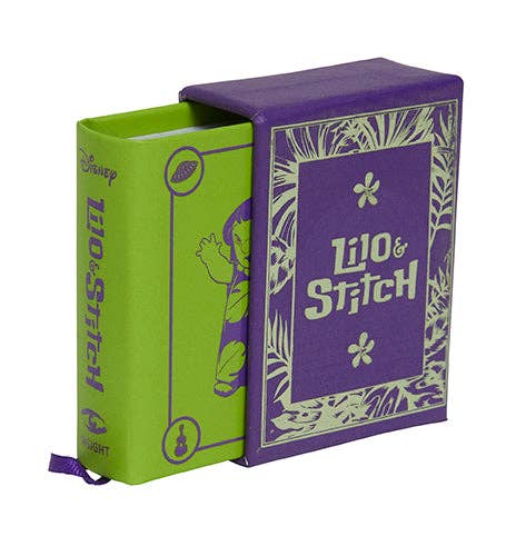 Lilo & Stitch tiny book. Green and purple book-shaped box with 'Lilo & Stitch' branding on a white background