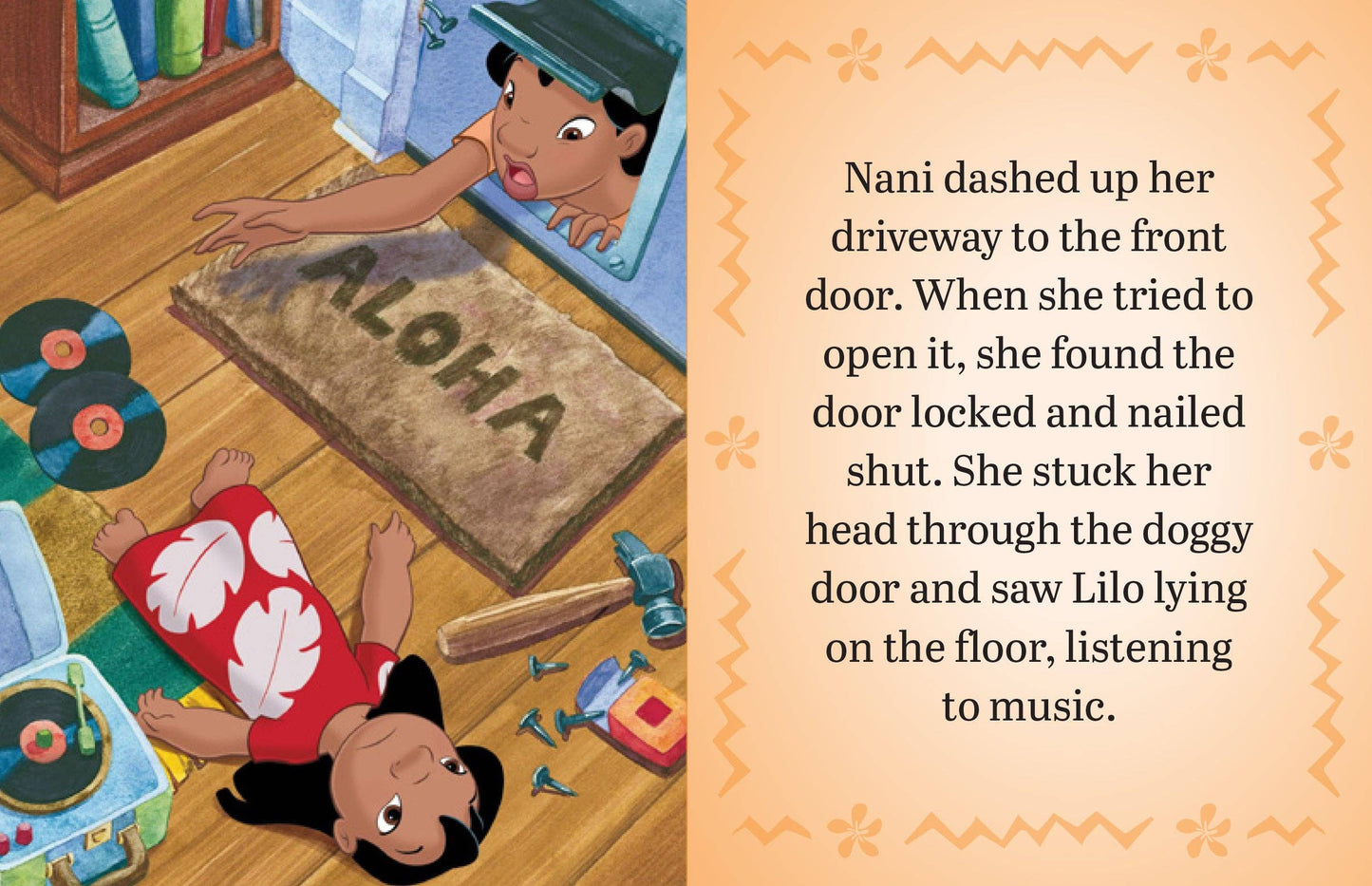 Illustration from Lilo & Stitch tiny book showing two characters in a room with a 'Aloha' doormat.