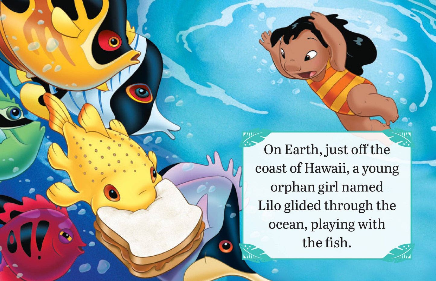 Illustration of Lilo playing with fish in the ocean, with text about her life on Earth.