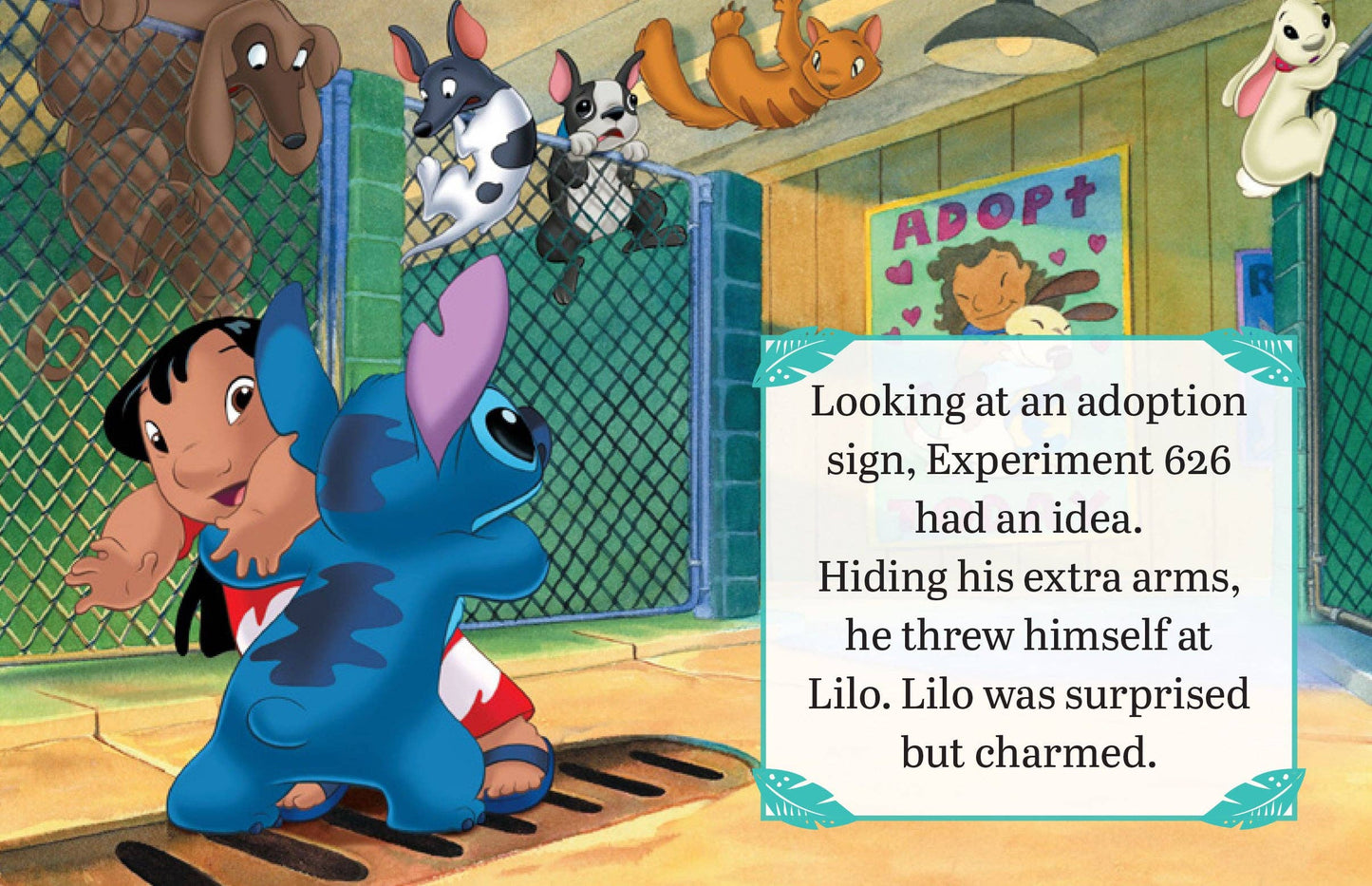Lilo & Stitch tiny book. Illustration of Stitch hugging Lilo in a pet adoption center with text overlay.