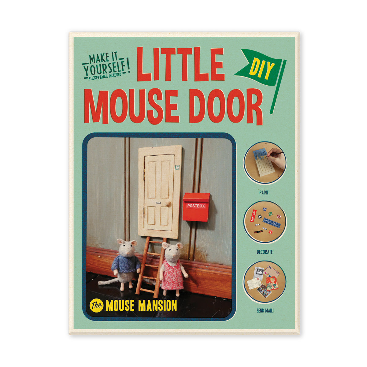 Product packaging for 'Little Mouse Door' with DIY text and images of a door and mice.