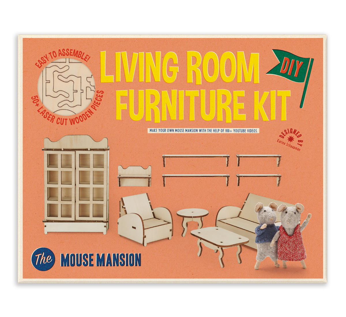 Living room furniture kit packaging with wooden furniture pieces and toy mice on an orange background.