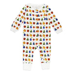 Children's onesie with colorful fruit pattern on a white background