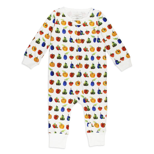 Children's onesie with colorful fruit pattern on a white background