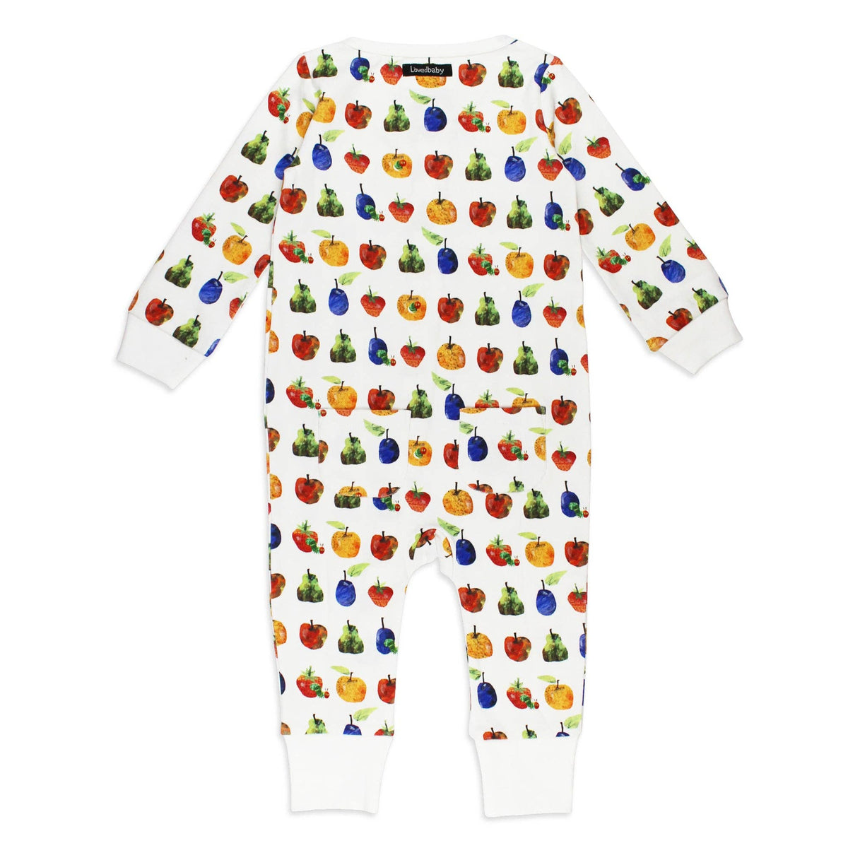 White baby onesie with colorful fruit pattern on a white background
