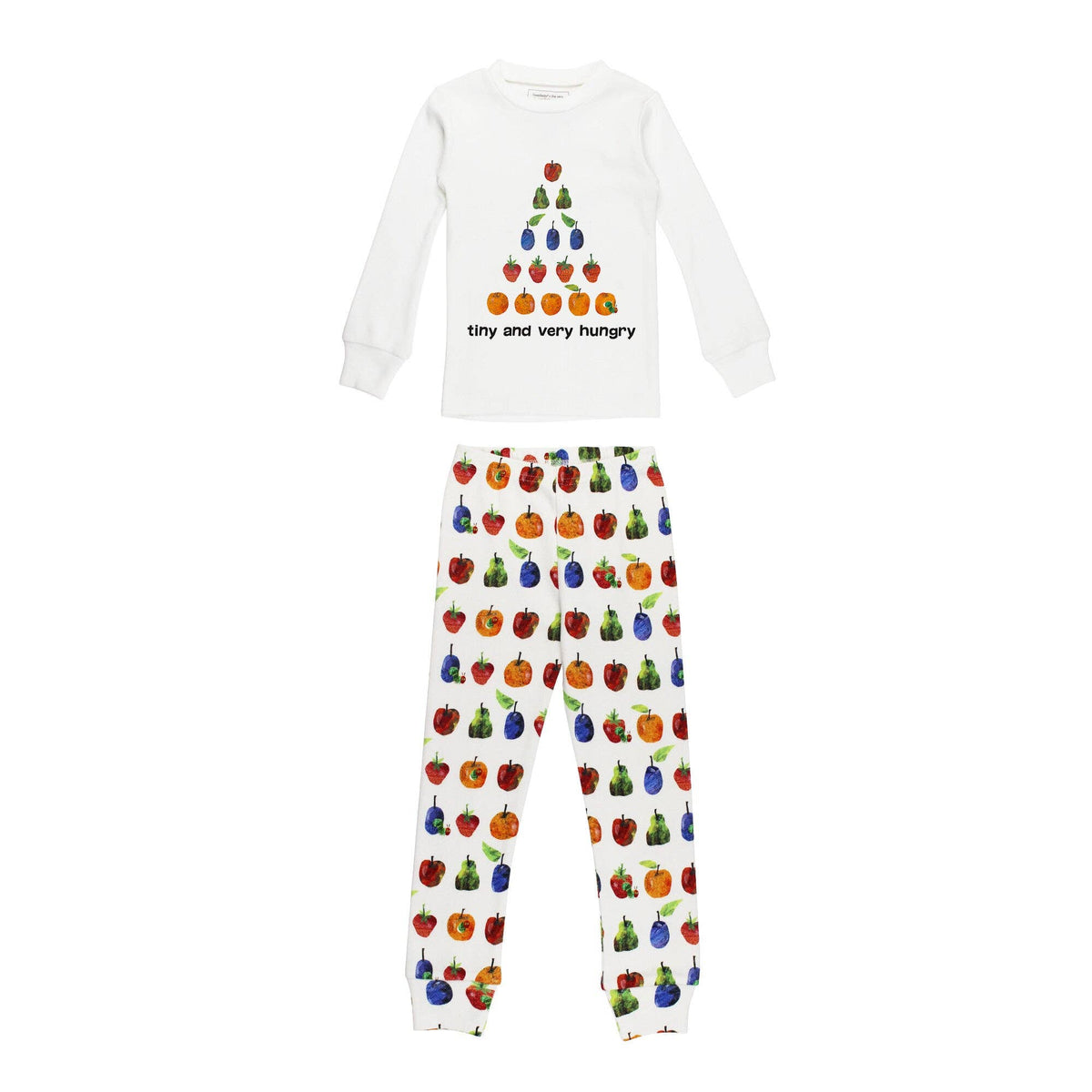 A children's two-piece pajama set on a white background, featuring a white long-sleeve top with a colorful pyramid of small apples and the text 'tiny and very hungry' on the chest, and matching white pants covered in a repeating pattern of colorful apples.