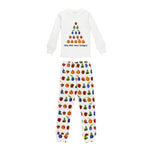 A children's two-piece pajama set on a white background, featuring a white long-sleeve top with a colorful pyramid of small apples and the text 'tiny and very hungry' on the chest, and matching white pants covered in a repeating pattern of colorful apples.