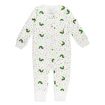 White onesie with colorful caterpillar pattern on a white background