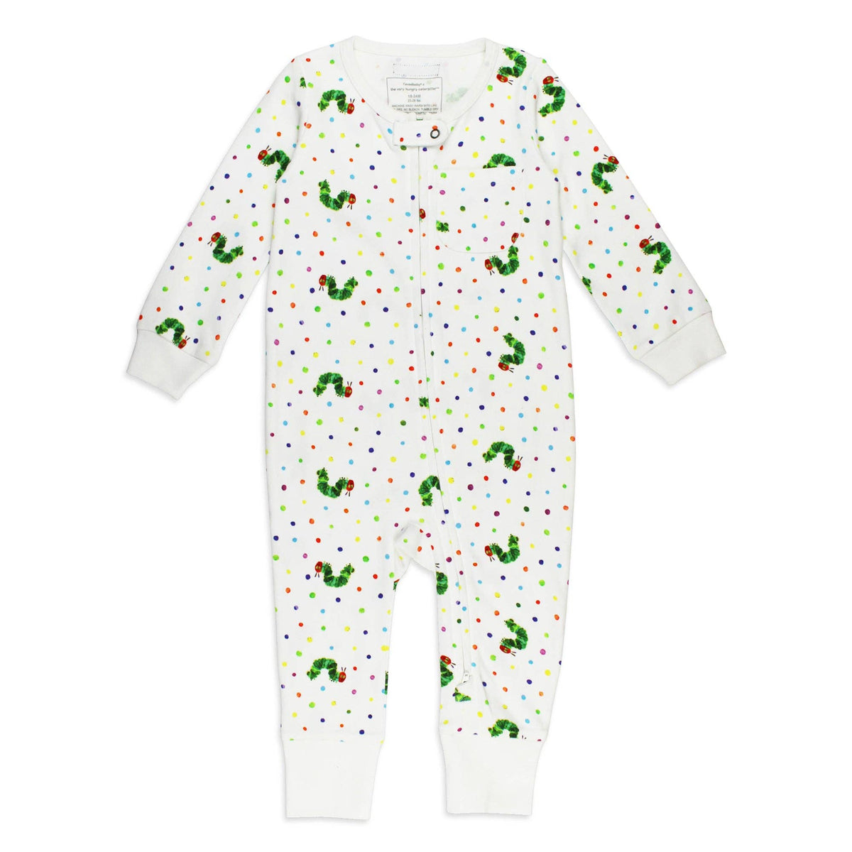 White onesie with colorful caterpillar pattern on a white background