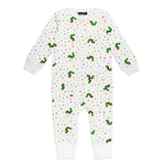 White baby onesie with colorful caterpillar pattern on a white background