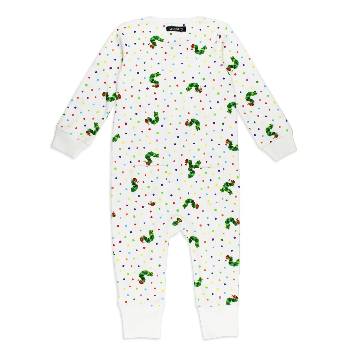 White baby onesie with colorful caterpillar pattern on a white background