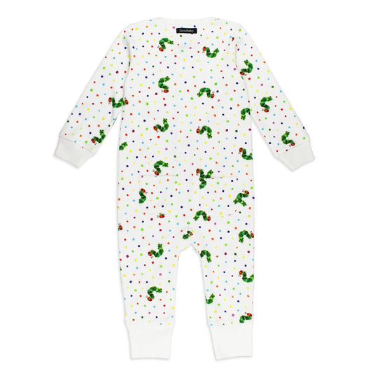 White baby onesie with colorful caterpillar pattern on a white background