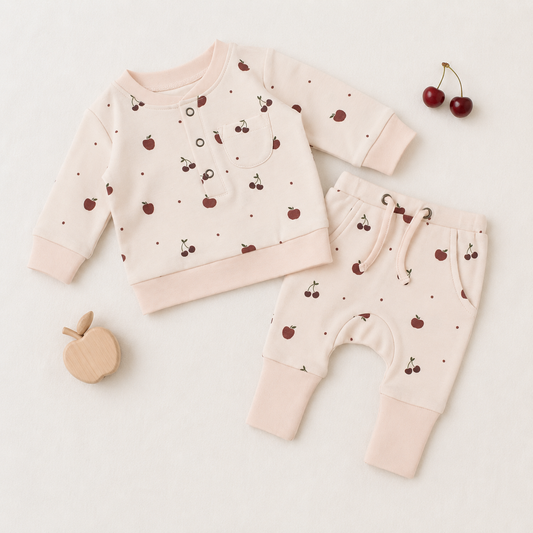 A baby two-piece outfit set consisting of a long-sleeve sweatshirt and matching pants, laid flat on a light cream background. The outfit is light pink with a pattern of small red cherries and tiny red dots, finished with solid light pink ribbed cuffs and hem.